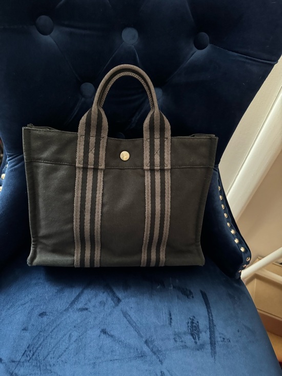 Other - HERMES Black Canvas Tote Bag with Stripe Handles